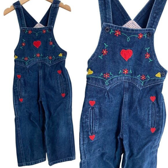 Happy Kids Vintage Embroidered  Floral Heart Denim Overalls - Girls 2T - Picture 1 of 6